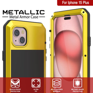 Funda de metal para iPhone 15 Plus, resistente armadura de grado militar con protección contra impactos. Diseño completo y resistente [Amarillo].