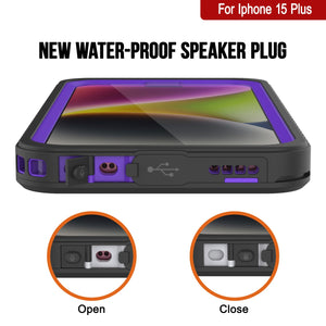 Funda impermeable para iPhone 15 Plus, Punkcase [Serie Extrema] Cubierta de armadura con protector de pantalla incorporado [Morado]