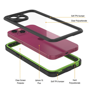 Funda impermeable Punkcase [Extreme Series] para iPhone 15 Plus, con protector de pantalla incorporado [Verde claro].