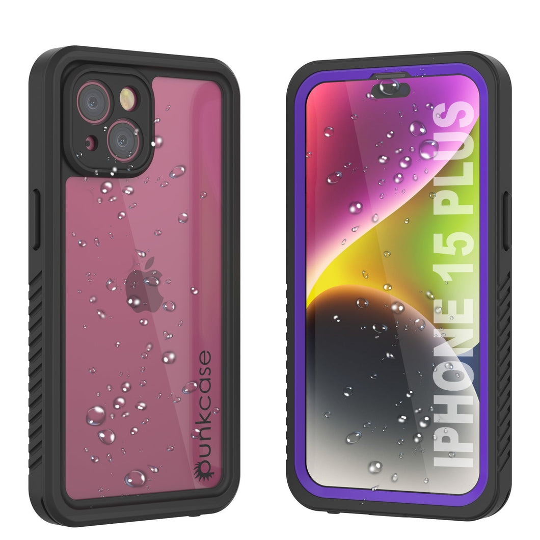 Funda impermeable para iPhone 15 Plus, Punkcase [Serie Extrema] Cubierta de armadura con protector de pantalla incorporado [Morado]