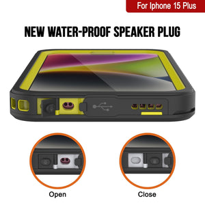 Funda impermeable para iPhone 15 Plus, Punkcase [Serie Extreme] con cubierta de armadura y protector de pantalla integrado [Amarillo].
