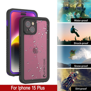 Funda impermeable para iPhone 15 Plus, Punkcase [Serie Extrema] Cubierta de armadura con protector de pantalla incorporado [Morado]