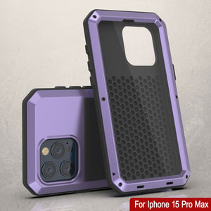 Funda de metal para iPhone 15 Pro Max, protectora resistente de grado militar [a prueba de golpes], cuerpo completo y resistente [morado].