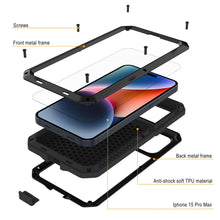 Cargar imagen en el visor de la galería, Funda de Metal para iPhone 15 Pro Max, Resistente de Grado Militar [a prueba de golpes] Cubierta de Armadura de Cuerpo Completo [Negra]
