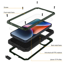 Cargar imagen en el visor de la galería, Funda de metal para iPhone 15 Pro Max, resistente y de grado militar, cubierta de armadura [a prueba de golpes], dura de cuerpo completo [verde oscuro].
