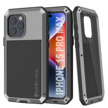 Cargar imagen en el visor de la galería, Funda de metal para iPhone 15 Pro Max, resistente militar de alta resistencia [a prueba de golpes] de cuerpo completo resistente [plateado]
