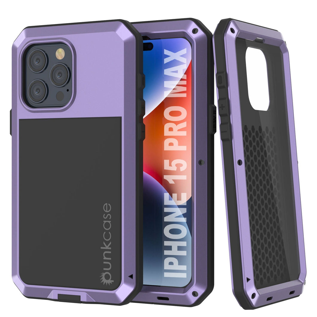 Funda de metal para iPhone 15 Pro Max, protectora resistente de grado militar [a prueba de golpes], cuerpo completo y resistente [morado].