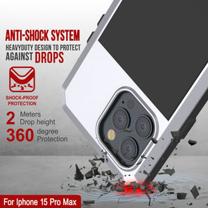 Carcasa metálica para iPhone 15 Pro Max, cubierta resistente de grado militar [a prueba de golpes] cuerpo completo resistente [blanco].