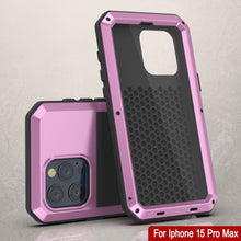 Cargar imagen en el visor de la galería, Funda de metal para iPhone 15 Pro Max, resistente de grado militar con cobertura completa de cuerpo duro a prueba de golpes [Rosa].
