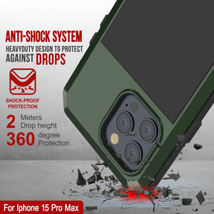 Funda de metal para iPhone 15 Pro Max, resistente y de grado militar, cubierta de armadura [a prueba de golpes], dura de cuerpo completo [verde oscuro].