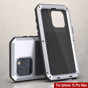 Carcasa metálica para iPhone 15 Pro Max, cubierta resistente de grado militar [a prueba de golpes] cuerpo completo resistente [blanco].