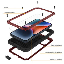 Cargar imagen en el visor de la galería, Funda de metal para iPhone 15 Pro Max, resistente de grado militar [a prueba de golpes]. Cubierta rígida de cuerpo completo [roja].
