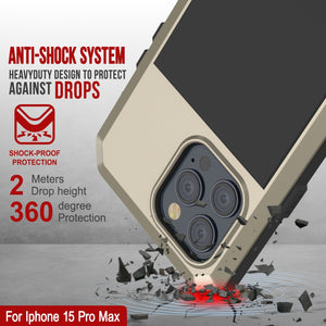 Funda de metal para iPhone 15 Pro Max, cubierta resistente de grado militar [a prueba de golpes] cuerpo completo dura [dorado].