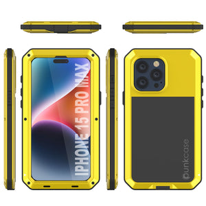 Funda de metal iPhone 15 Pro Max, resistente y robusta de grado militar [a prueba de golpes] de cuerpo completo [amarilla]