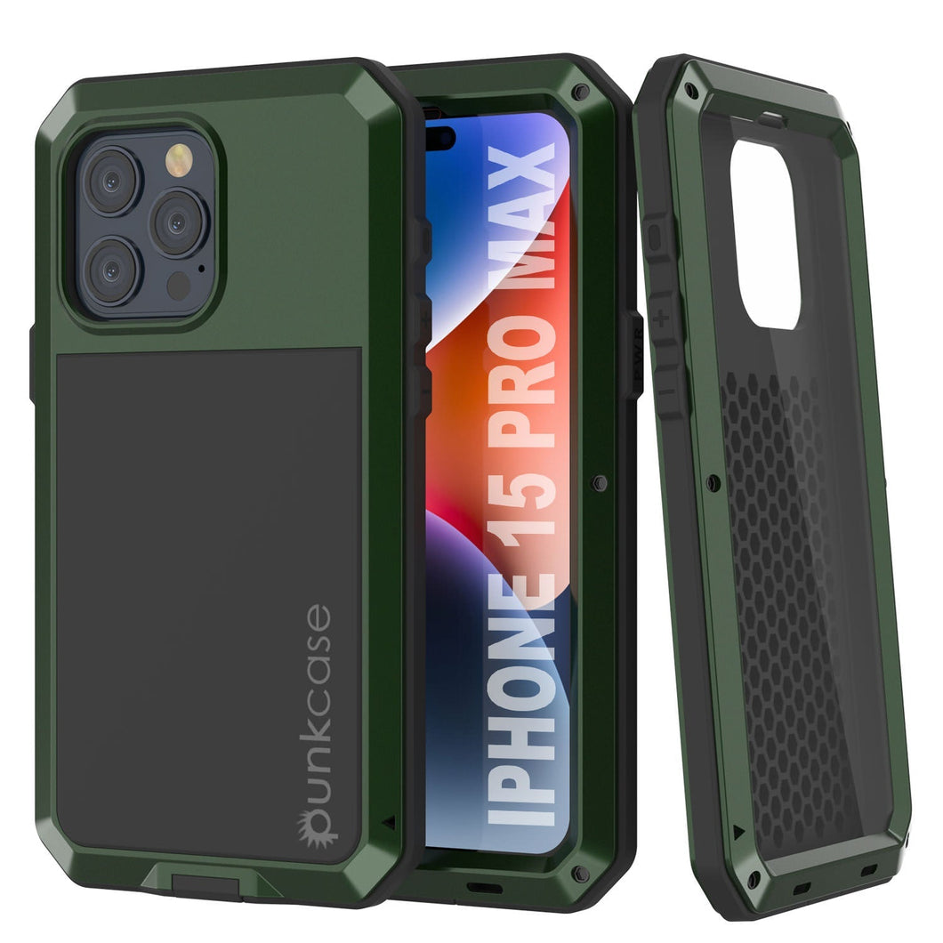 Funda de metal para iPhone 15 Pro Max, resistente y de grado militar, cubierta de armadura [a prueba de golpes], dura de cuerpo completo [verde oscuro].