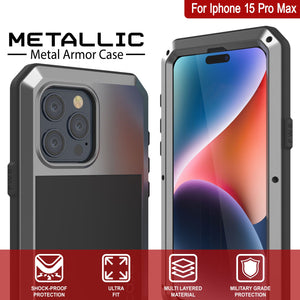 Funda de metal para iPhone 15 Pro Max, resistente militar de alta resistencia [a prueba de golpes] de cuerpo completo resistente [plateado]