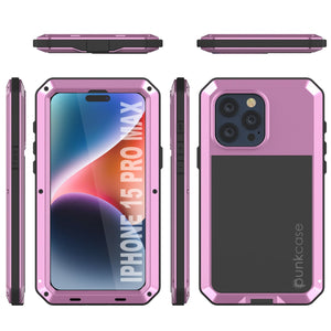 Funda de metal para iPhone 15 Pro Max, resistente de grado militar con cobertura completa de cuerpo duro a prueba de golpes [Rosa].