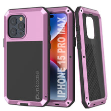 Cargar imagen en el visor de la galería, Funda de metal para iPhone 15 Pro Max, resistente de grado militar con cobertura completa de cuerpo duro a prueba de golpes [Rosa].
