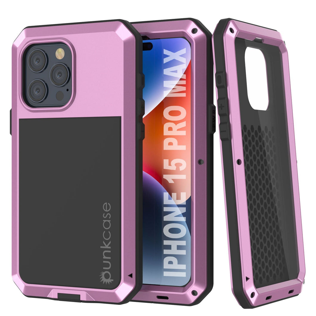 Funda de metal para iPhone 15 Pro Max, resistente de grado militar con cobertura completa de cuerpo duro a prueba de golpes [Rosa].