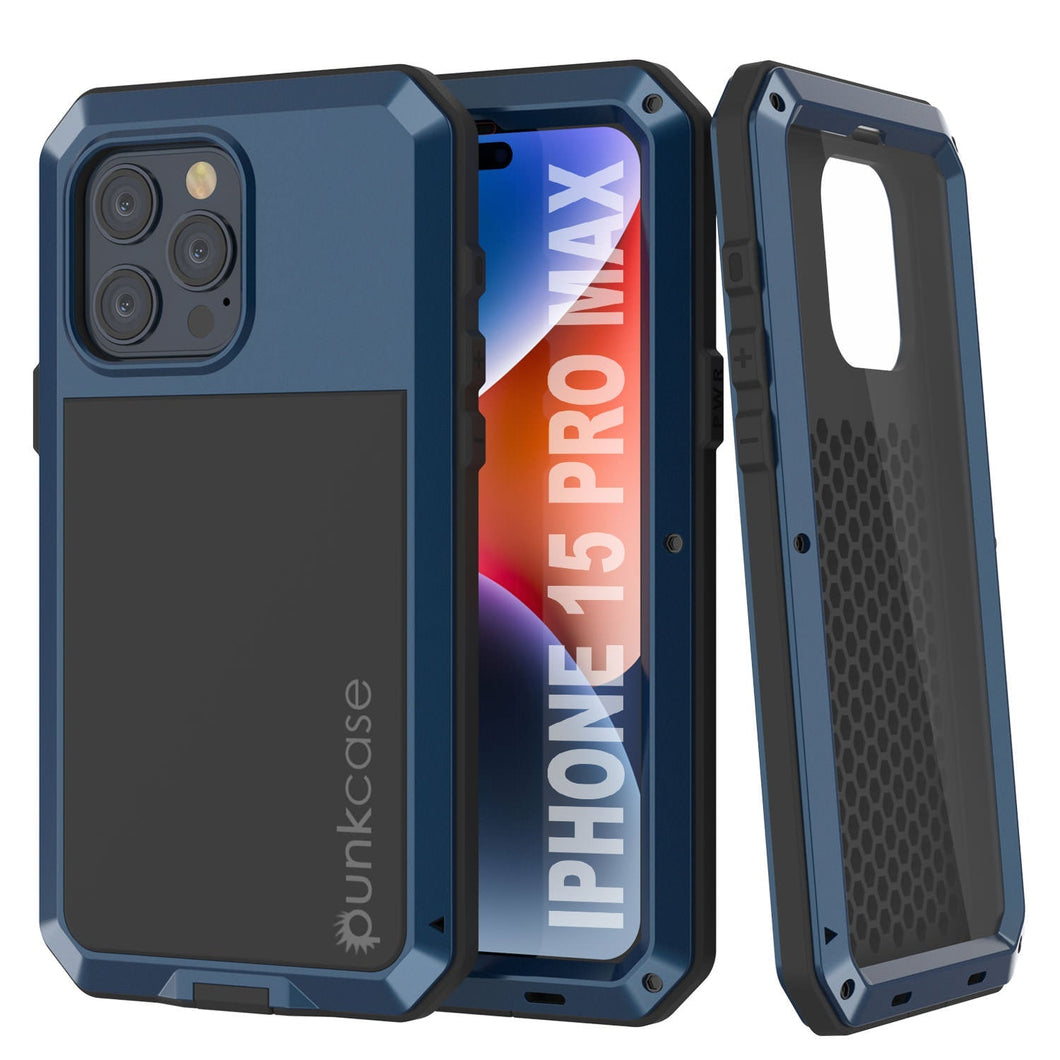 Funda metálica para iPhone 15 Pro Max, resistente y de grado militar, cubierta de armadura [a prueba de golpes], cuerpo completo, dura [azul].