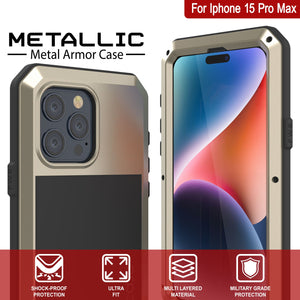 Funda de metal para iPhone 15 Pro Max, cubierta resistente de grado militar [a prueba de golpes] cuerpo completo dura [dorado].