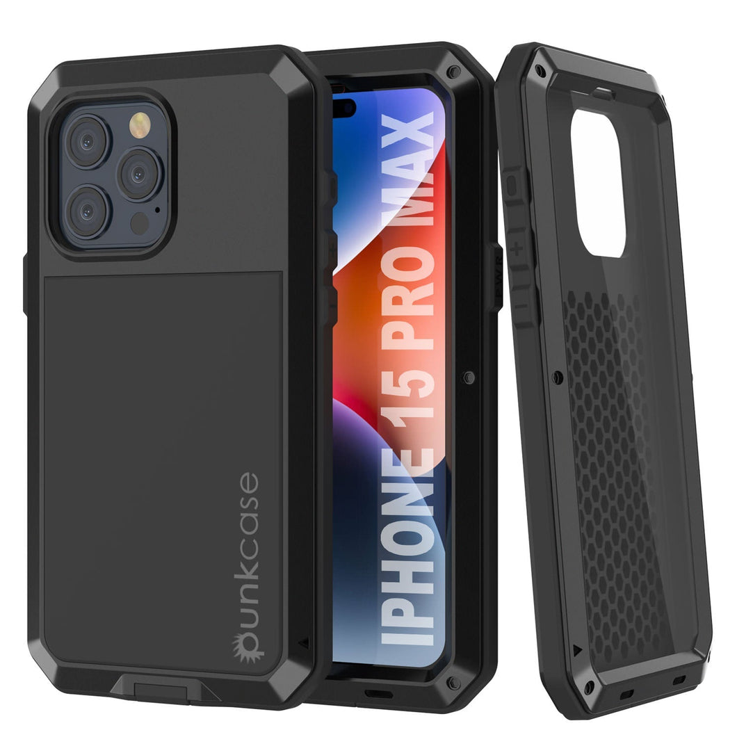 Funda de Metal para iPhone 15 Pro Max, Resistente de Grado Militar [a prueba de golpes] Cubierta de Armadura de Cuerpo Completo [Negra]
