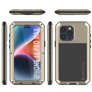 Funda de metal para iPhone 15 Pro Max, cubierta resistente de grado militar [a prueba de golpes] cuerpo completo dura [dorado].