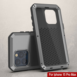 Funda de metal para iPhone 15 Pro Max, resistente militar de alta resistencia [a prueba de golpes] de cuerpo completo resistente [plateado]