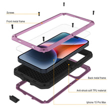 Cargar imagen en el visor de la galería, Funda de metal para iPhone 15 Pro Max, resistente de grado militar con cobertura completa de cuerpo duro a prueba de golpes [Rosa].
