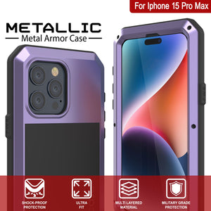 Funda de metal para iPhone 15 Pro Max, protectora resistente de grado militar [a prueba de golpes], cuerpo completo y resistente [morado].