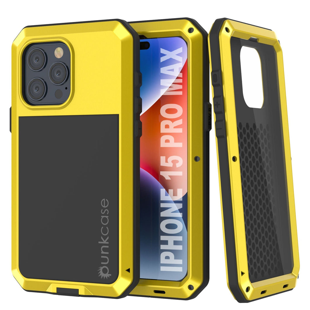 Funda de metal iPhone 15 Pro Max, resistente y robusta de grado militar [a prueba de golpes] de cuerpo completo [amarilla]