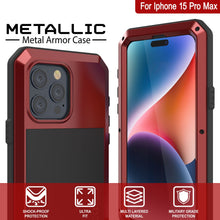 Cargar imagen en el visor de la galería, Funda de metal para iPhone 15 Pro Max, resistente de grado militar [a prueba de golpes]. Cubierta rígida de cuerpo completo [roja].
