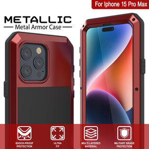 Funda de metal para iPhone 15 Pro Max, resistente de grado militar [a prueba de golpes]. Cubierta rígida de cuerpo completo [roja].