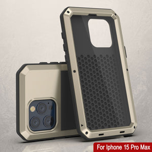Funda de metal para iPhone 15 Pro Max, cubierta resistente de grado militar [a prueba de golpes] cuerpo completo dura [dorado].