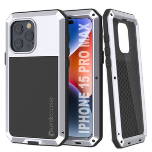 Carcasa metálica para iPhone 15 Pro Max, cubierta resistente de grado militar [a prueba de golpes] cuerpo completo resistente [blanco].