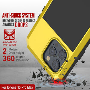 Funda de metal iPhone 15 Pro Max, resistente y robusta de grado militar [a prueba de golpes] de cuerpo completo [amarilla]