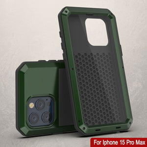 Funda de metal para iPhone 15 Pro Max, resistente y de grado militar, cubierta de armadura [a prueba de golpes], dura de cuerpo completo [verde oscuro].