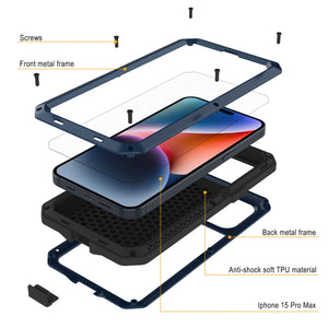 Funda metálica para iPhone 15 Pro Max, resistente y de grado militar, cubierta de armadura [a prueba de golpes], cuerpo completo, dura [azul].