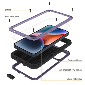 Funda de metal para iPhone 15 Pro Max, protectora resistente de grado militar [a prueba de golpes], cuerpo completo y resistente [morado].