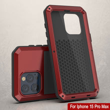 Cargar imagen en el visor de la galería, Funda de metal para iPhone 15 Pro Max, resistente de grado militar [a prueba de golpes]. Cubierta rígida de cuerpo completo [roja].
