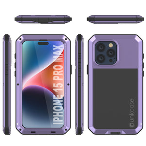 Funda de metal para iPhone 15 Pro Max, protectora resistente de grado militar [a prueba de golpes], cuerpo completo y resistente [morado].