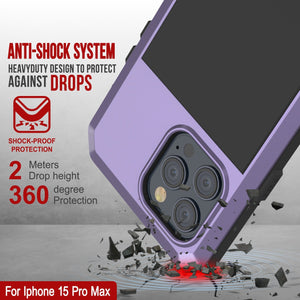 Funda de metal para iPhone 15 Pro Max, protectora resistente de grado militar [a prueba de golpes], cuerpo completo y resistente [morado].