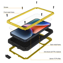 Cargar imagen en el visor de la galería, Funda de metal iPhone 15 Pro Max, resistente y robusta de grado militar [a prueba de golpes] de cuerpo completo [amarilla]
