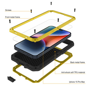 Funda de metal iPhone 15 Pro Max, resistente y robusta de grado militar [a prueba de golpes] de cuerpo completo [amarilla]