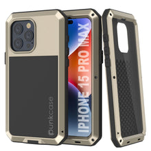Cargar imagen en el visor de la galería, Funda de metal para iPhone 15 Pro Max, cubierta resistente de grado militar [a prueba de golpes] cuerpo completo dura [dorado].

