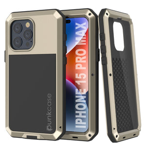 Funda de metal para iPhone 15 Pro Max, cubierta resistente de grado militar [a prueba de golpes] cuerpo completo dura [dorado].