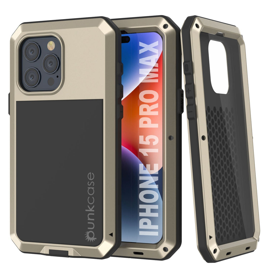 Funda de metal para iPhone 15 Pro Max, cubierta resistente de grado militar [a prueba de golpes] cuerpo completo dura [dorado].