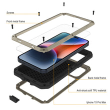 Cargar imagen en el visor de la galería, Funda de metal para iPhone 15 Pro Max, cubierta resistente de grado militar [a prueba de golpes] cuerpo completo dura [dorado].
