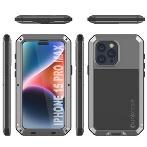 Funda de metal para iPhone 15 Pro Max, resistente militar de alta resistencia [a prueba de golpes] de cuerpo completo resistente [plateado]