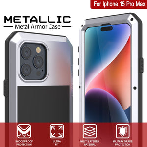 Carcasa metálica para iPhone 15 Pro Max, cubierta resistente de grado militar [a prueba de golpes] cuerpo completo resistente [blanco].